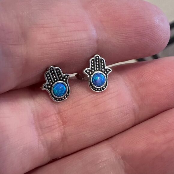 Blue Lab Opal Sterling Silver Hamsa Earrings - Picture 2 of 4